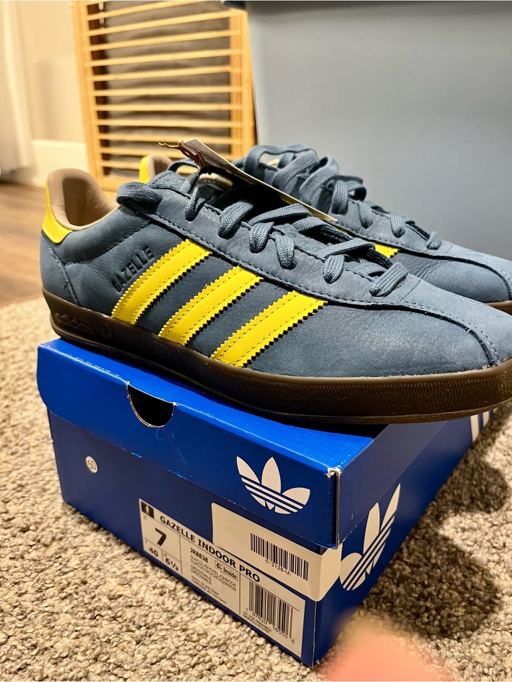 adidas Gazelle Indoor Pro Blue with Yellow Stripes Size 7 men, 8.5 for women
